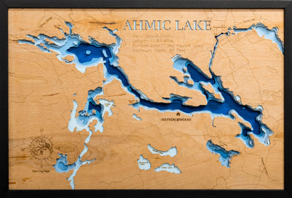 Ahmic Lake in Ontario Canada in stunning 3D wood map design, with detailed topography.