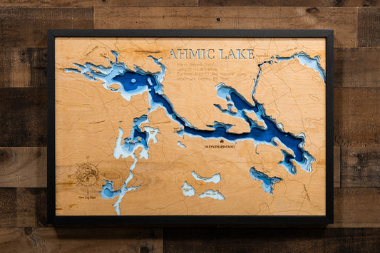 Ahmic Lake in Ontario Canada in stunning 3D wood map design, with detailed topography.