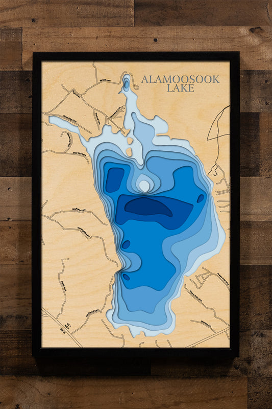 Unique wooden lake map of Lake Alamoosook in Hancock County, ME, featuring intricate depth details.