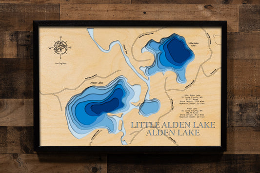 Alden Lake and Little Alden Lake in St. Louis County, MN in stunning 3D wood map design, with detailed topography.