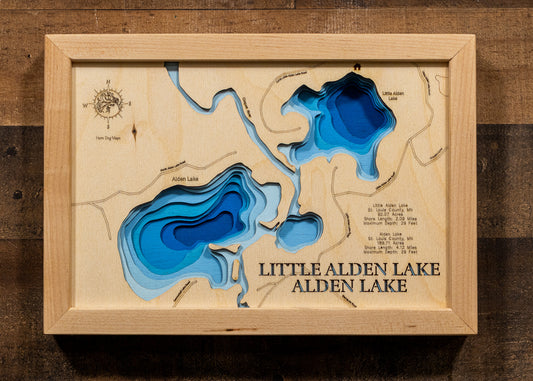 Alden Lake and Little Alden Lake in St. Louis County, MN in stunning 3D wood map design, with detailed topography.