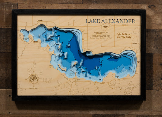 Laser-engraved relief map of Lake Alexander in Morrison County, MN, crafted from wood with high precision.