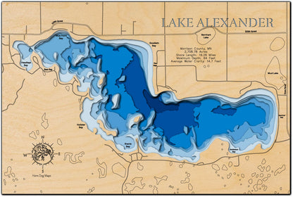 Laser-engraved relief map of Lake Alexander in Morrison County, MN, crafted from wood with high precision.