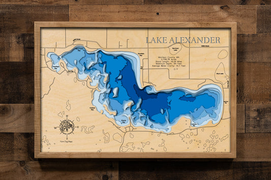 Laser-engraved relief map of Lake Alexander in Morrison County, MN, crafted from wood with high precision.