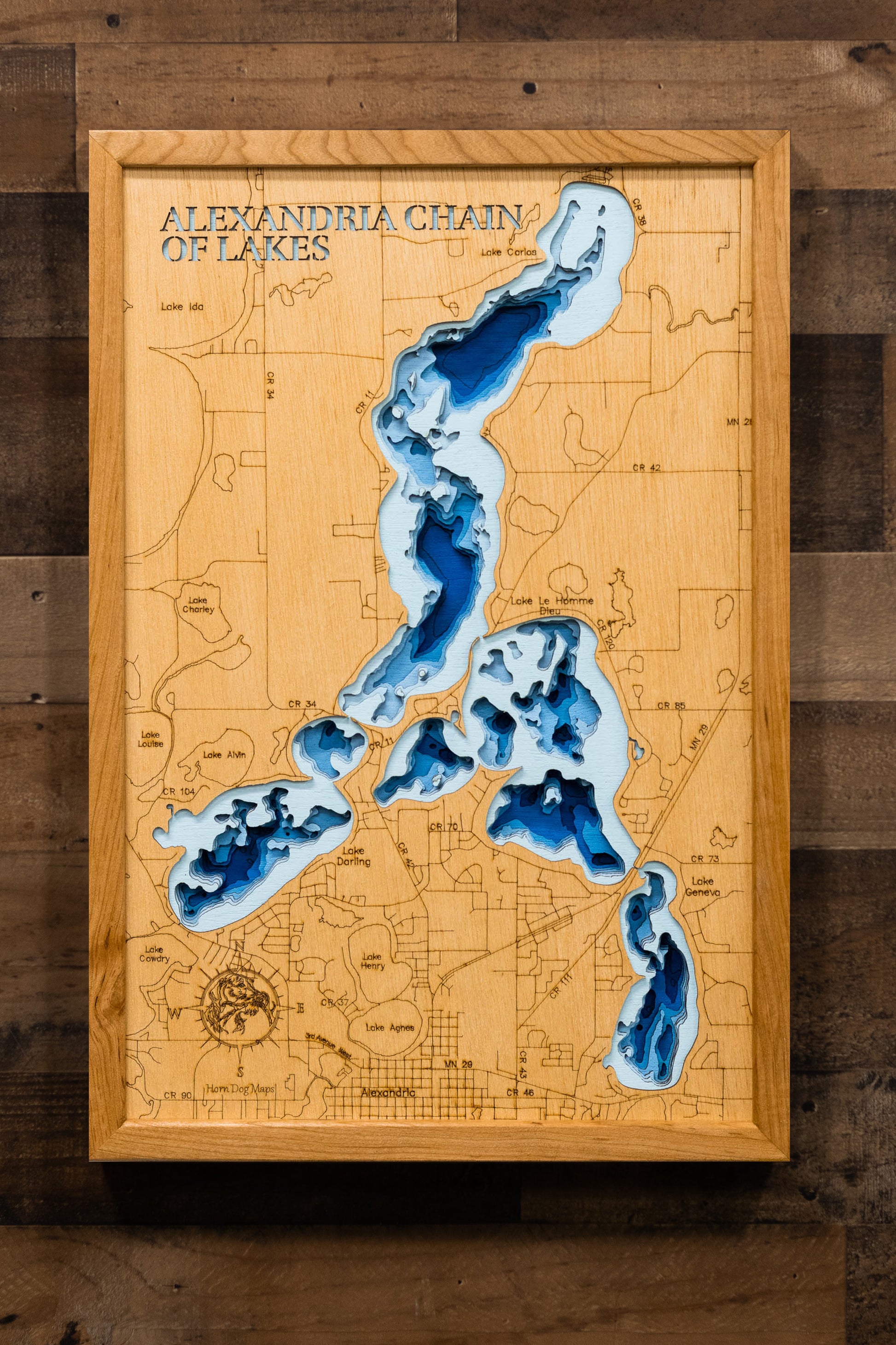 Exquisite wooden map of Alexandria Chain of Lakes in Douglas County, MN with detailed lakebed features.