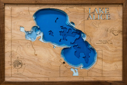 High-definition wooden relief map of Alice Lake in Deuel County, SD, handmade for durability.