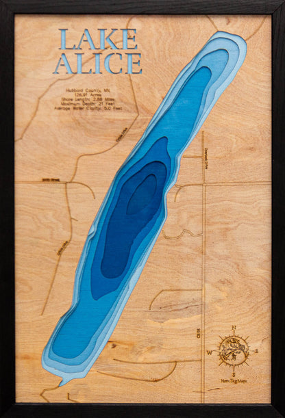 Exquisite wooden map of Lake Alice in Hubbard County, MN with detailed lakebed features.