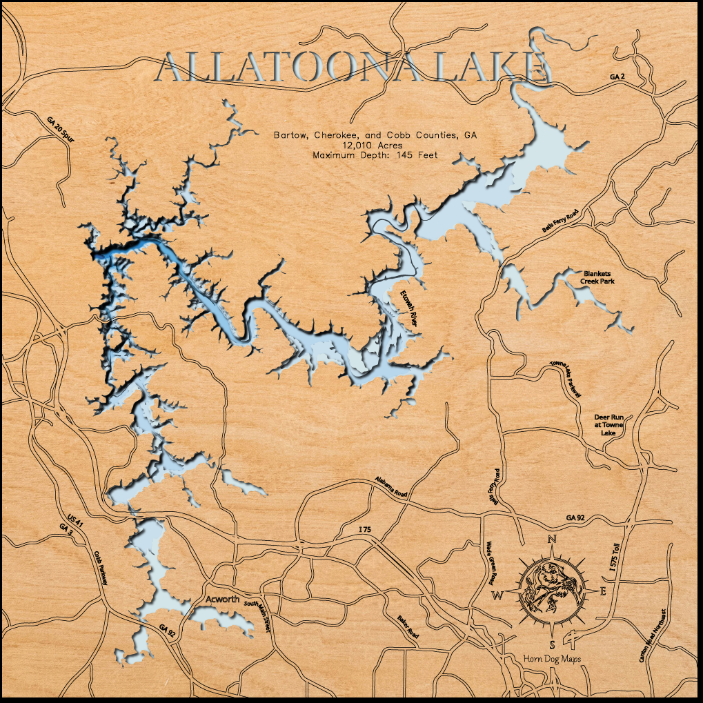 Decorative 3D wooden lake map of Allatoona Lake in Bartow, Cherokee, and Cobb Counties, GA, crafted with care.