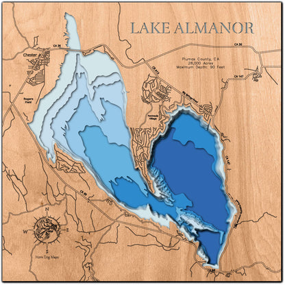 Lake Almanor in Plumas County, CA 3D depth map, laser cut from high-quality wood.