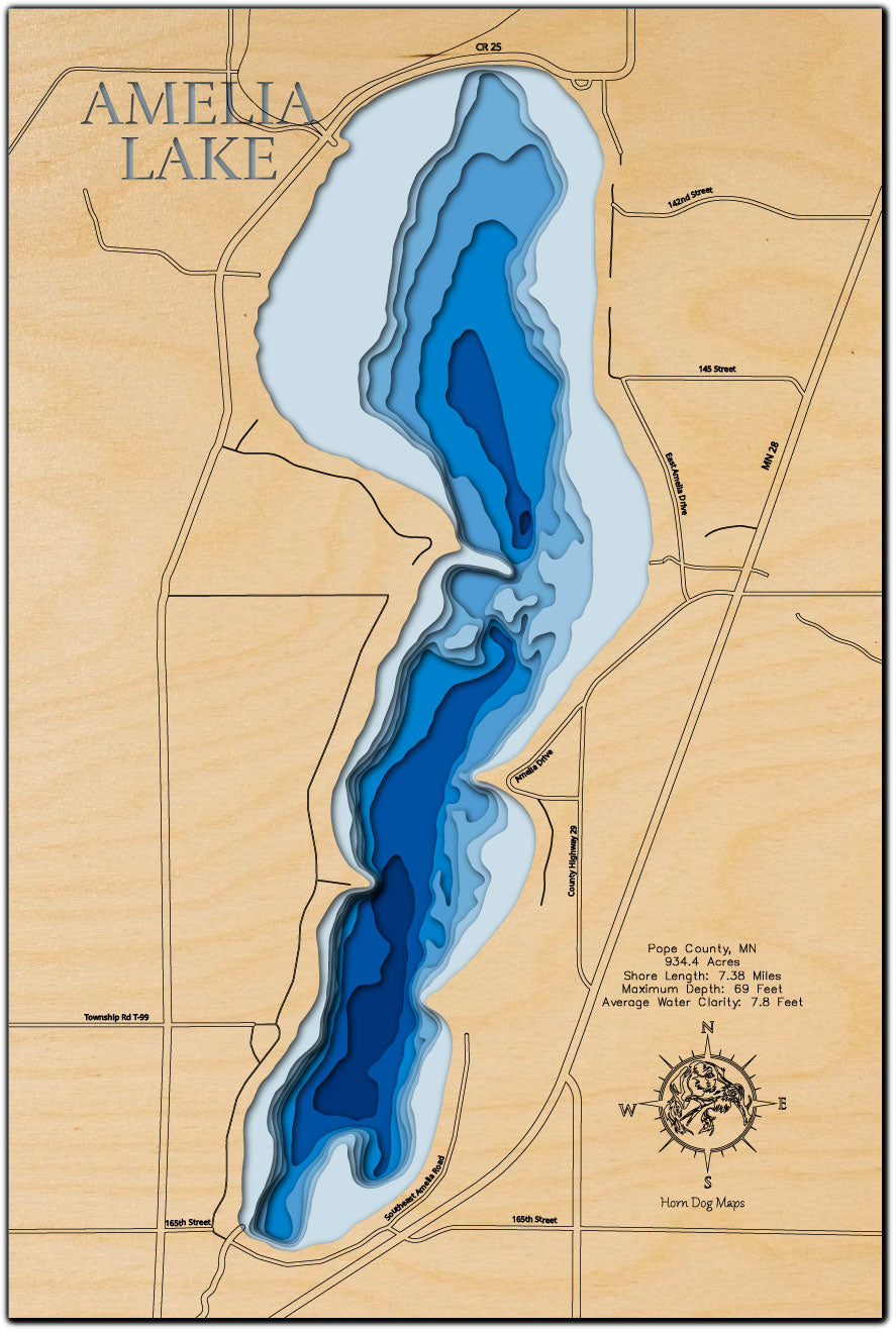 Artisanally carved wooden lake map of Amelia Lake in Pope County, MN, highlighting bathymetry.