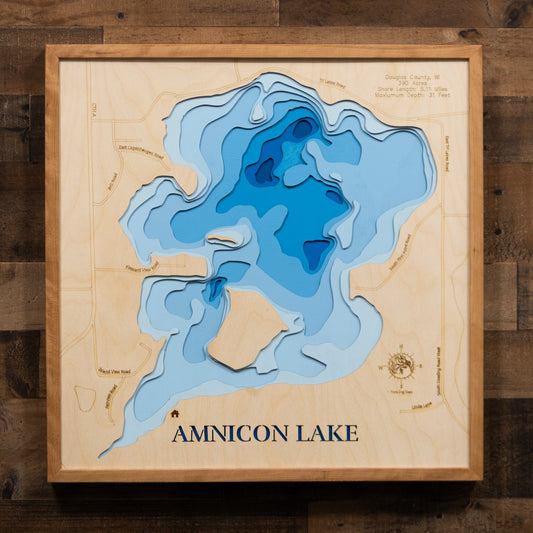 Amnicon Lake in Douglas County, WI engraved wood map, showcasing accurate topographical features.