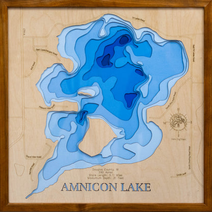 Amnicon Lake in Douglas County, WI engraved wood map, showcasing accurate topographical features.