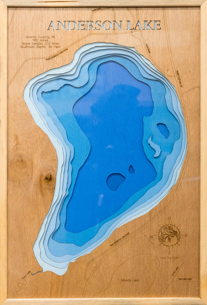 Custom wooden map of Anderson Lake in Oconto County, WI with layered depth highlights.