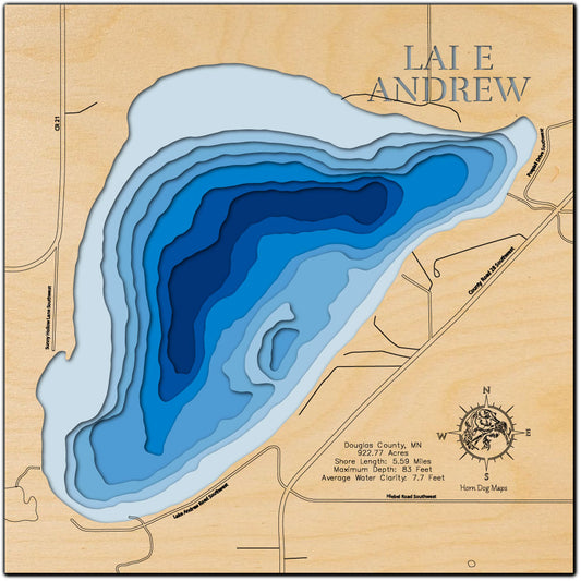 Lake Andrew in Douglas County, MN custom 3D wood map, perfect for home decor and gifts.