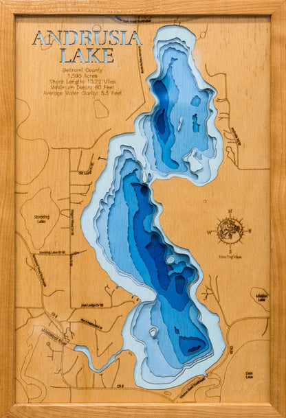 Lake Andrusia in Beltrami County, MN custom 3D wood map, perfect for home decor and gifts.