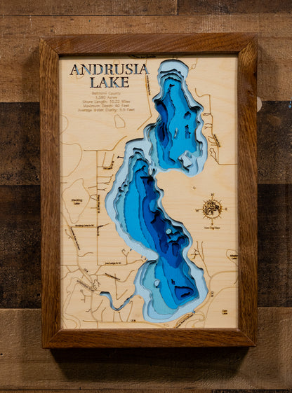 Lake Andrusia in Beltrami County, MN custom 3D wood map, perfect for home decor and gifts.