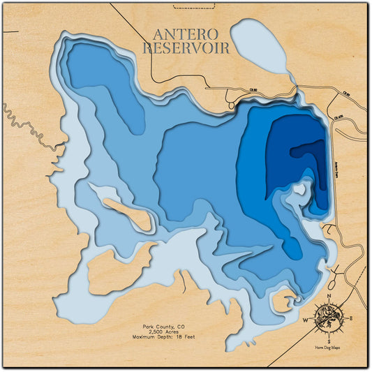 Artisanally carved wooden lake map of Antero Reservoir in Park County, CO, highlighting bathymetry.