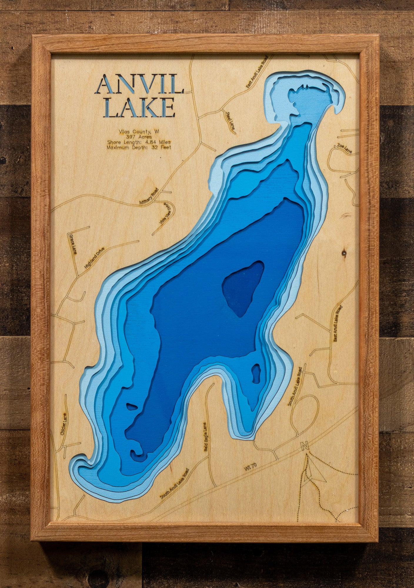 Handcrafted 3D wood map of Anvil Lake in Vilas County, WI, ideal for lake enthusiasts.