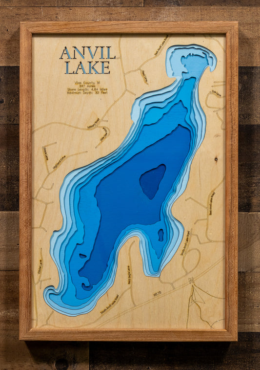 Handcrafted 3D wood map of Anvil Lake in Vilas County, WI, ideal for lake enthusiasts.