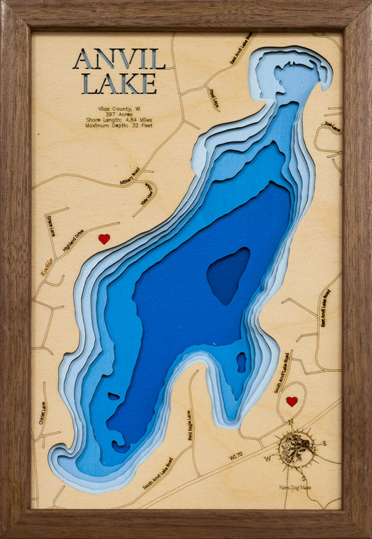 Handcrafted 3D wood map of Anvil Lake in Vilas County, WI, ideal for lake enthusiasts.