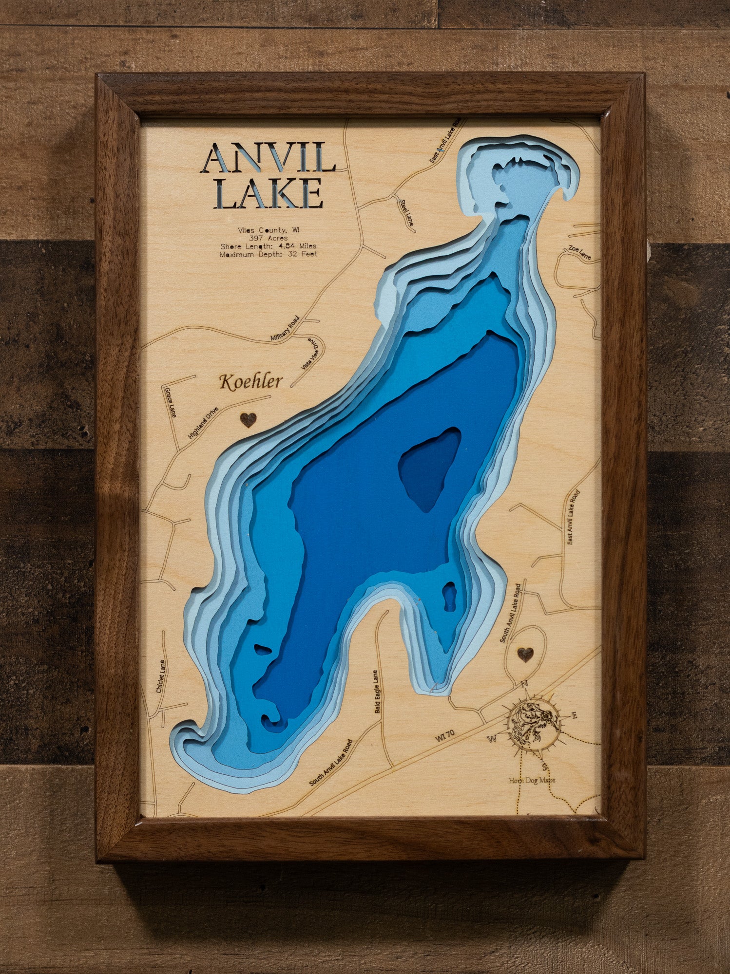 Handcrafted 3D wood map of Anvil Lake in Vilas County, WI, ideal for lake enthusiasts.
