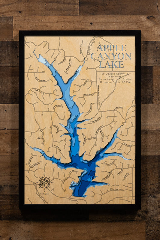 Apple Canyon Lake in Jo Daviess County, IL engraved wood map, showcasing accurate topographical features.