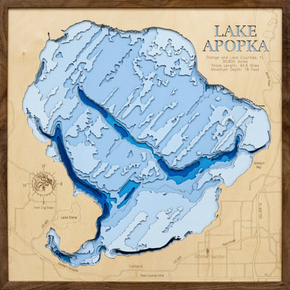 Lake Apopka in Orange and Lake Counties, FL 3D depth map, laser cut from high-quality wood.