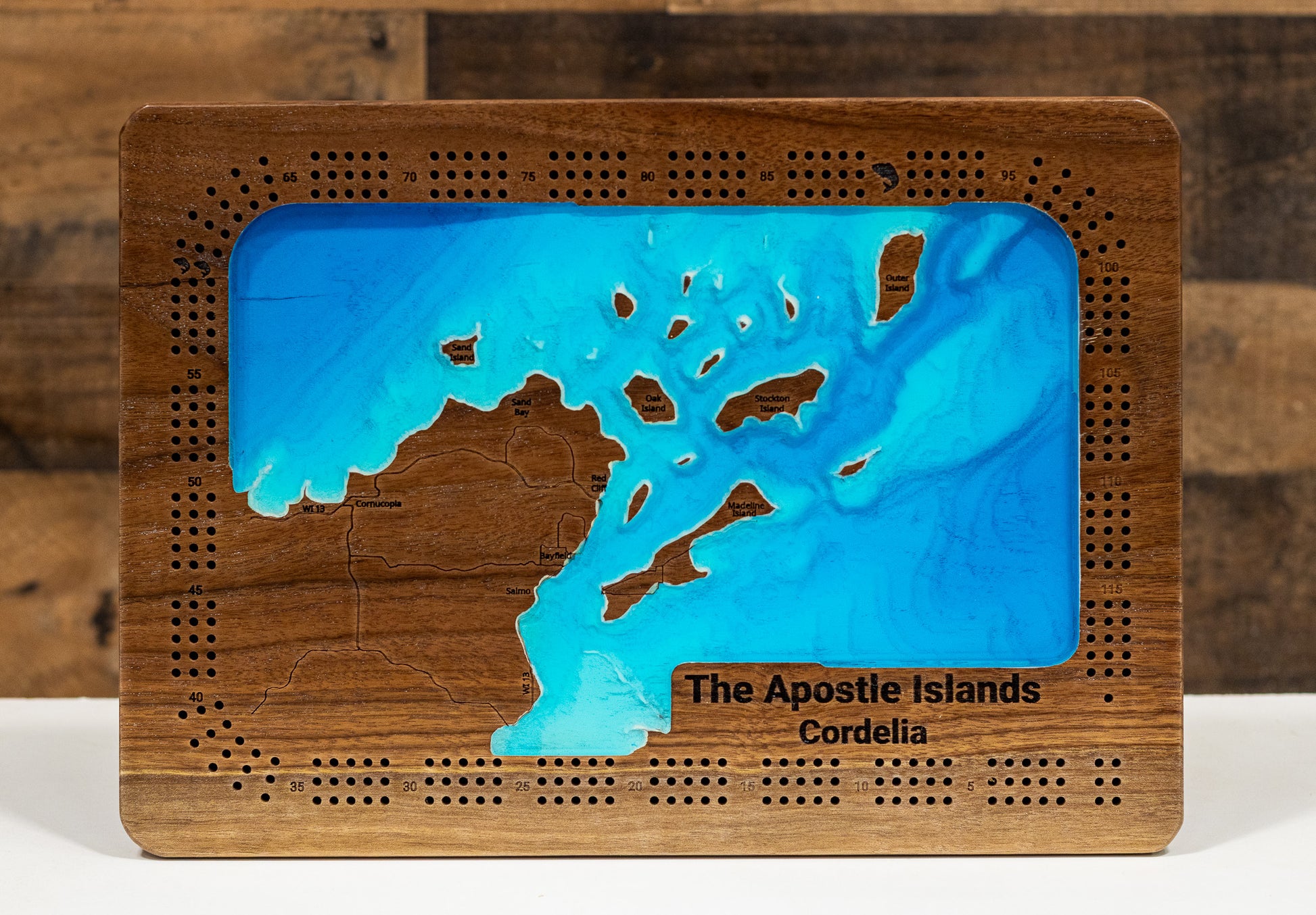 3D wooden lake map of Apostle Islands and Chequamegon Bay on Lake Superior, showcasing detailed depth layers and contours.