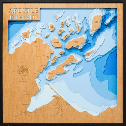 3D wooden lake map of Apostle Islands and Chequamegon Bay on Lake Superior, showcasing detailed depth layers and contours.