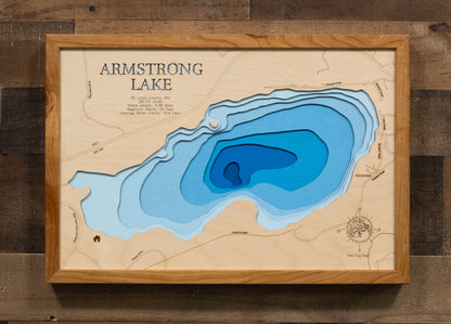Unique wooden lake map of Armstrong Lake in St. Louis County, MN, featuring intricate depth details.