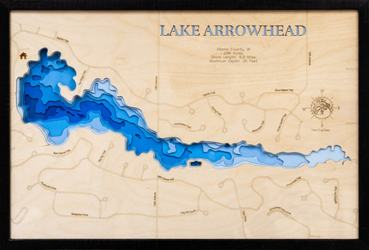 Lake Arrowhead in Adams County, WI in stunning 3D wood map design, with detailed topography.