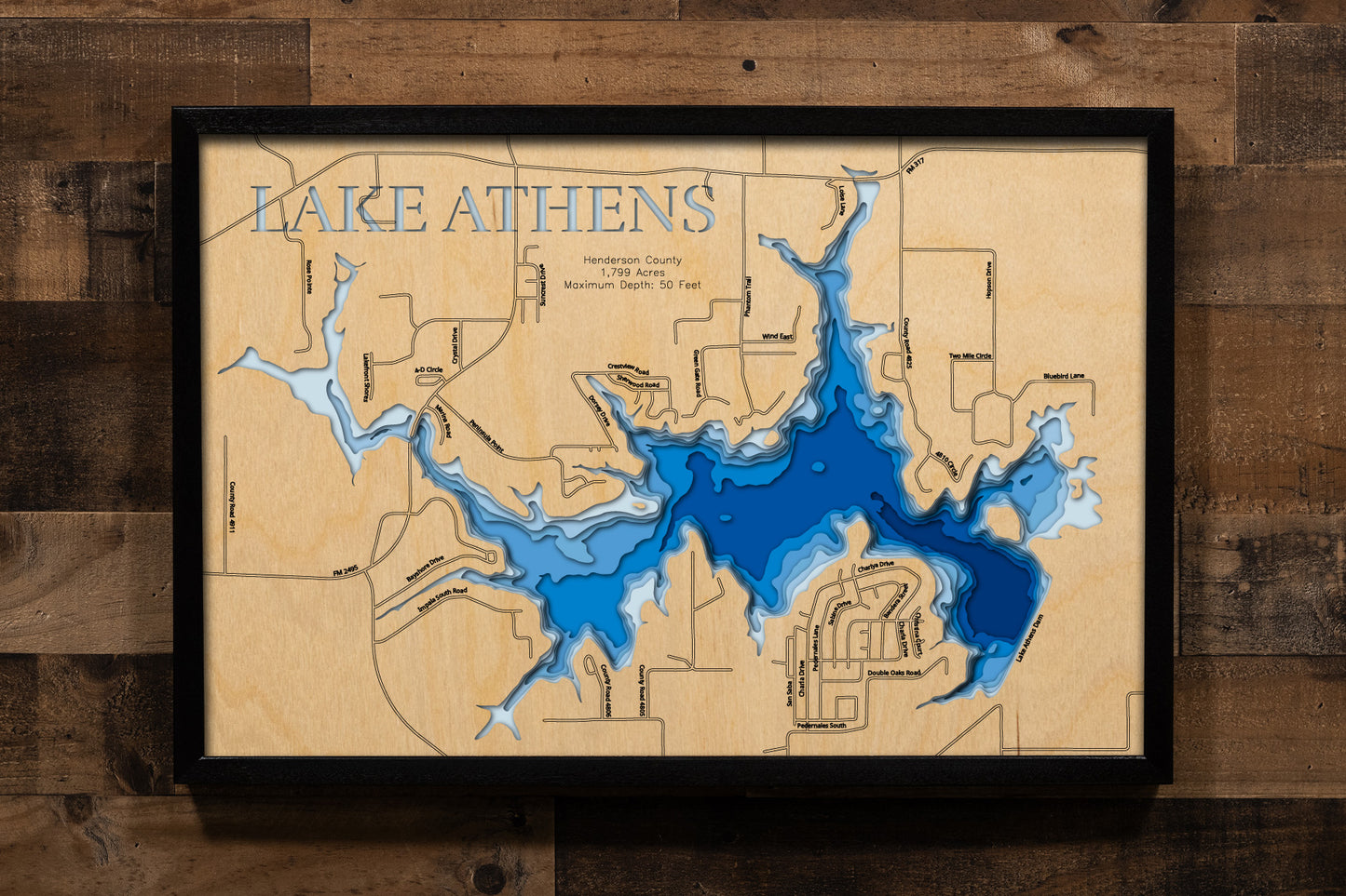 High-definition wooden relief map of Athens Lake in Henderson County, TX, handmade for durability.