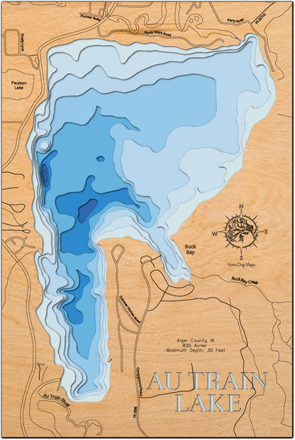 Au Train Lake in Alger County, MI custom 3D wood map, perfect for home decor and gifts.