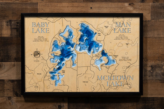 Baby, Man, and McKeown Lakes in Cass County, MN in stunning 3D wood map design, with detailed topography.