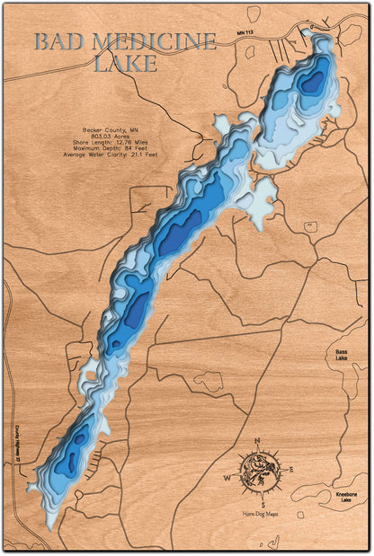 High-definition wooden relief map of Bad Medicine Lake in Becker County, MN, handmade for durability.