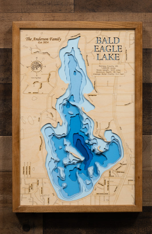 Handcrafted 3D wood map of Bald Eagle Lake in Ramsey County, Minnesota, ideal for lake enthusiasts.