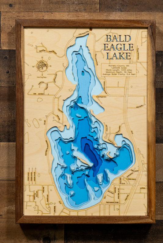 Handcrafted 3D wood map of Bald Eagle Lake in Ramsey County, Minnesota, ideal for lake enthusiasts.