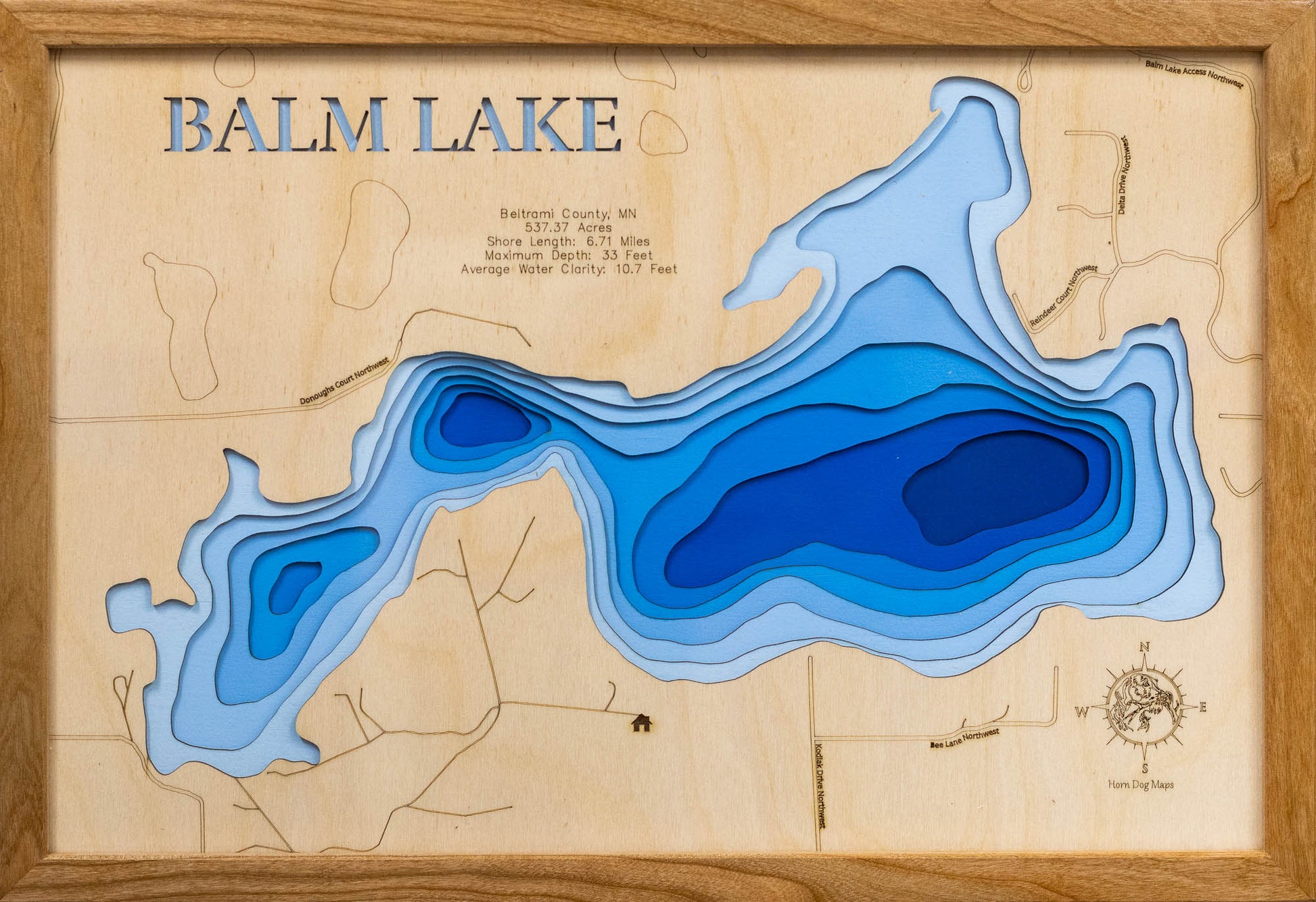 Unique wooden lake map of Balm Lake in Beltrami County, MN, featuring intricate depth details.