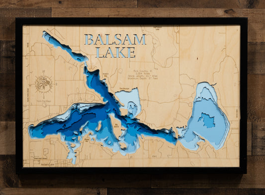 Decorative 3D wooden lake map of Balsam Lake in Polk County, Wisconsin, crafted with care.