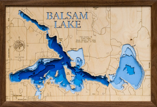 Decorative 3D wooden lake map of Balsam Lake in Polk County, Wisconsin, crafted with care.