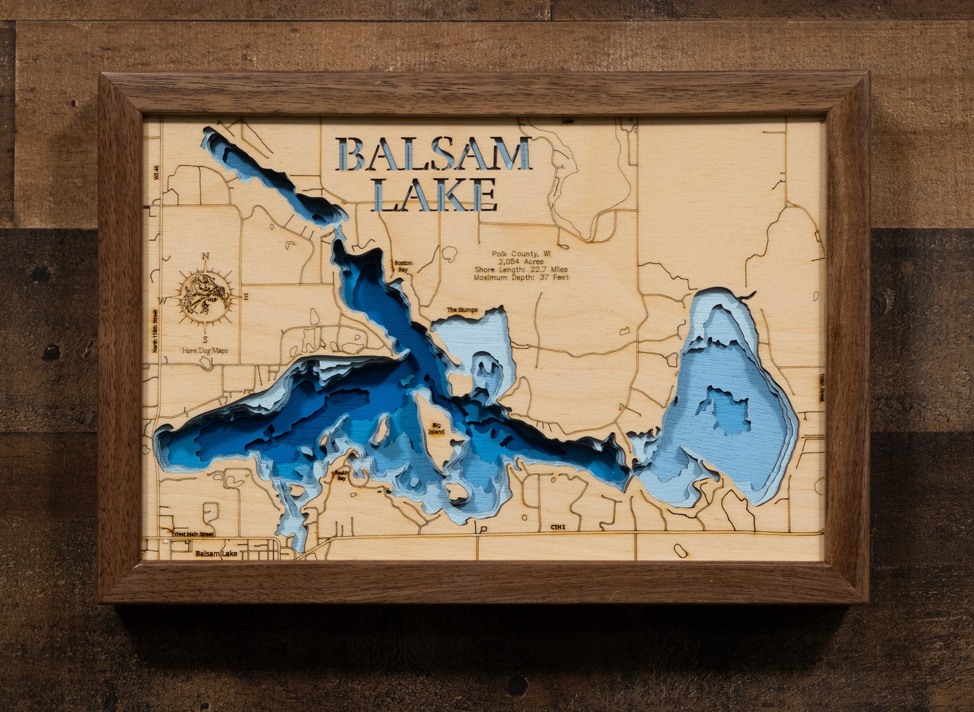 Decorative 3D wooden lake map of Balsam Lake in Polk County, Wisconsin, crafted with care.