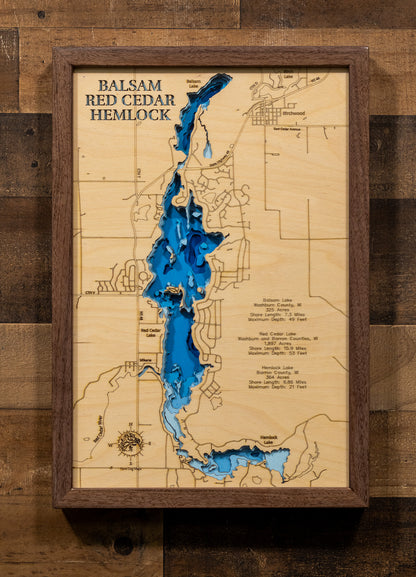 Balsam, Red Cedar, and Hemlock Lakes in Washburn and Barron Counties, WI custom 3D wood map, perfect for home decor and gifts.