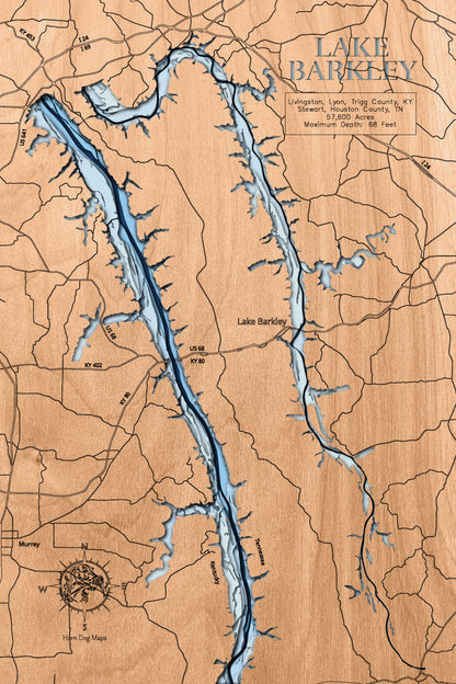 Exquisite wooden map of Lake Barkley in Livingston, Lyon, Trigg Counties, KY Stewart, Houston Counties, TN with detailed lakebed features.