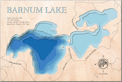 Unique wooden lake map of Barnum Lake in Cass County, MN, featuring intricate depth details.