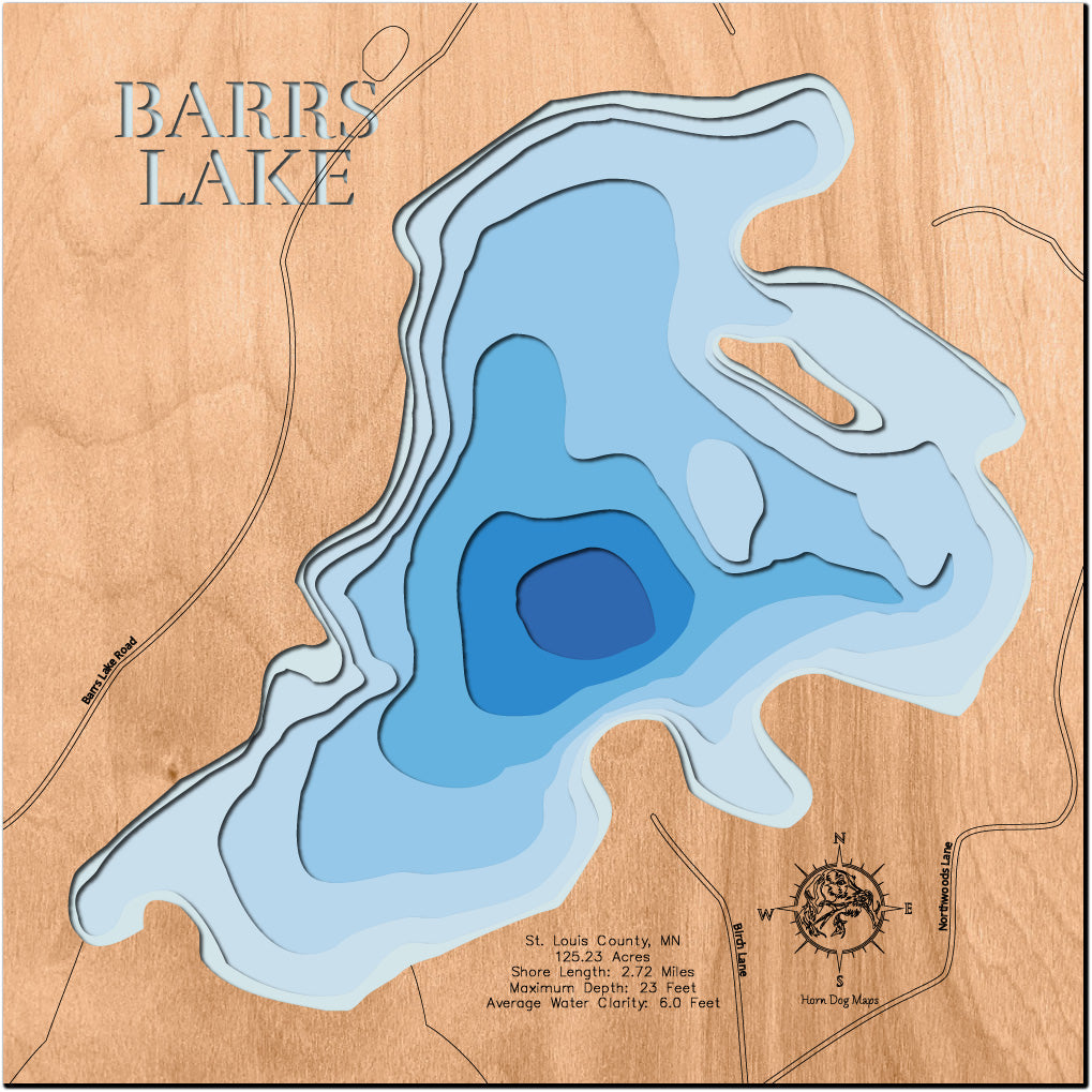 3D wooden lake map of Barrs Lake in St. Louis County, MN, showcasing detailed depth layers and contours.