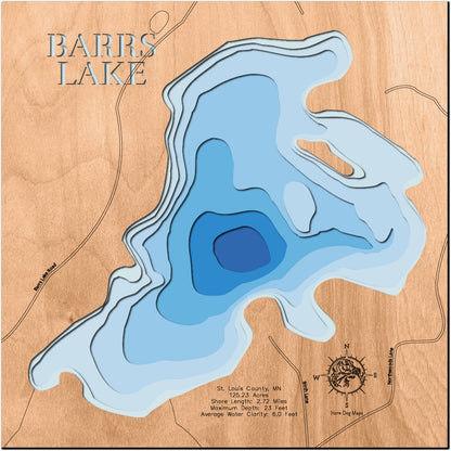 3D wooden lake map of Barrs Lake in St. Louis County, MN, showcasing detailed depth layers and contours.