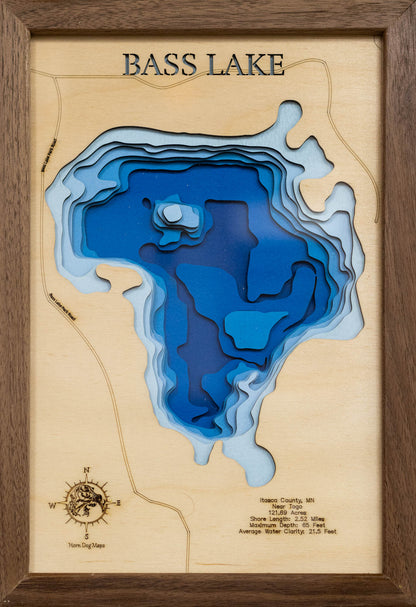 Decorative 3D wooden lake map of Bass Lake in Itasca County, MN, Near Togo, crafted with care.