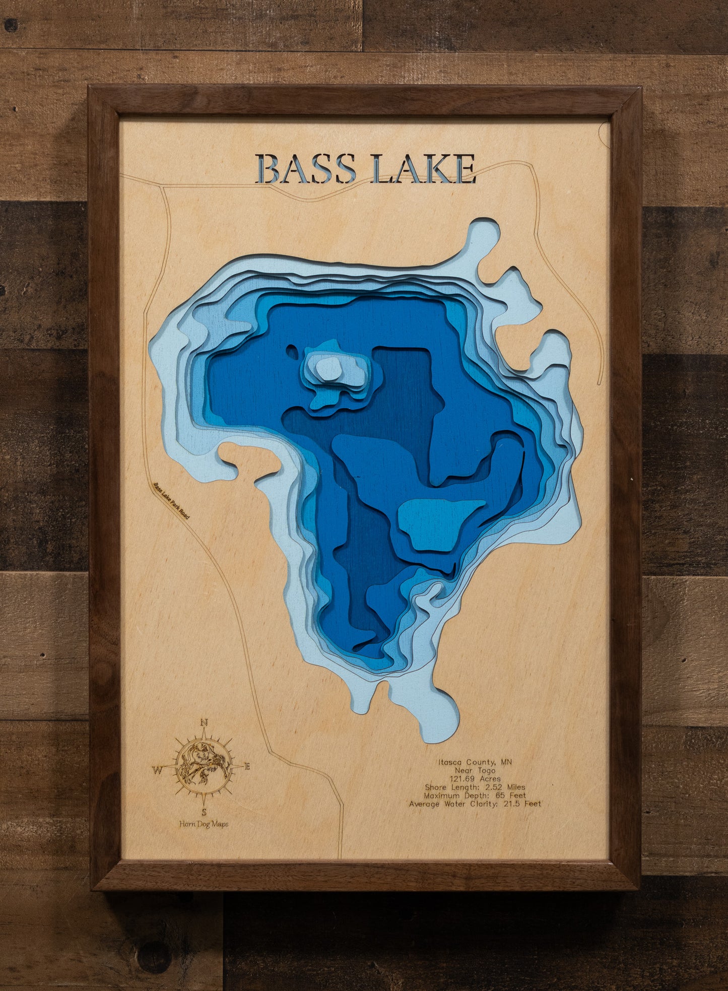 Decorative 3D wooden lake map of Bass Lake in Itasca County, MN, Near Togo, crafted with care.