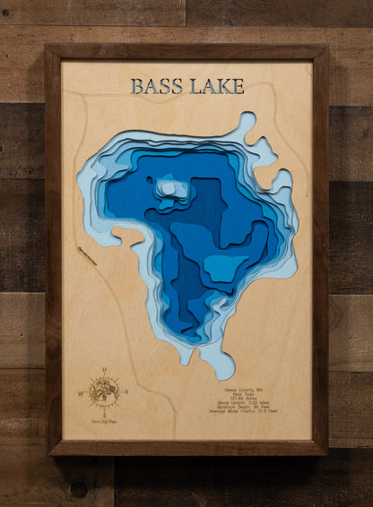 Decorative 3D wooden lake map of Bass Lake in Itasca County, MN, Near Togo, crafted with care.