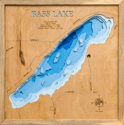 Custom wooden map of Bass Lake in Pine County, MN  with layered depth highlights.